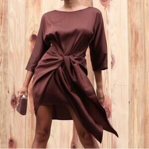 Baltic Born x Dress Day Brown Satin Knot‑Front Mini Dress – Size M (NWT)